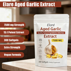ELARE aged garlic softgels close-up showcases convenient, odor-free capsules.