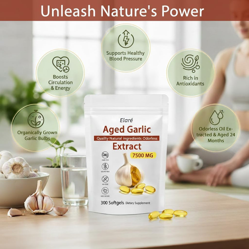 ELARE garlic extract label on bottle underscores organic, non-GMO sourcing.