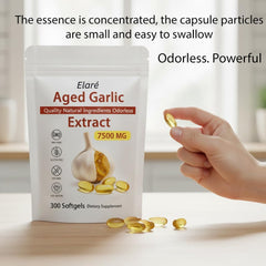 ELARE odorless garlic capsules close-up emphasize digestion-friendly, odorless intake.
