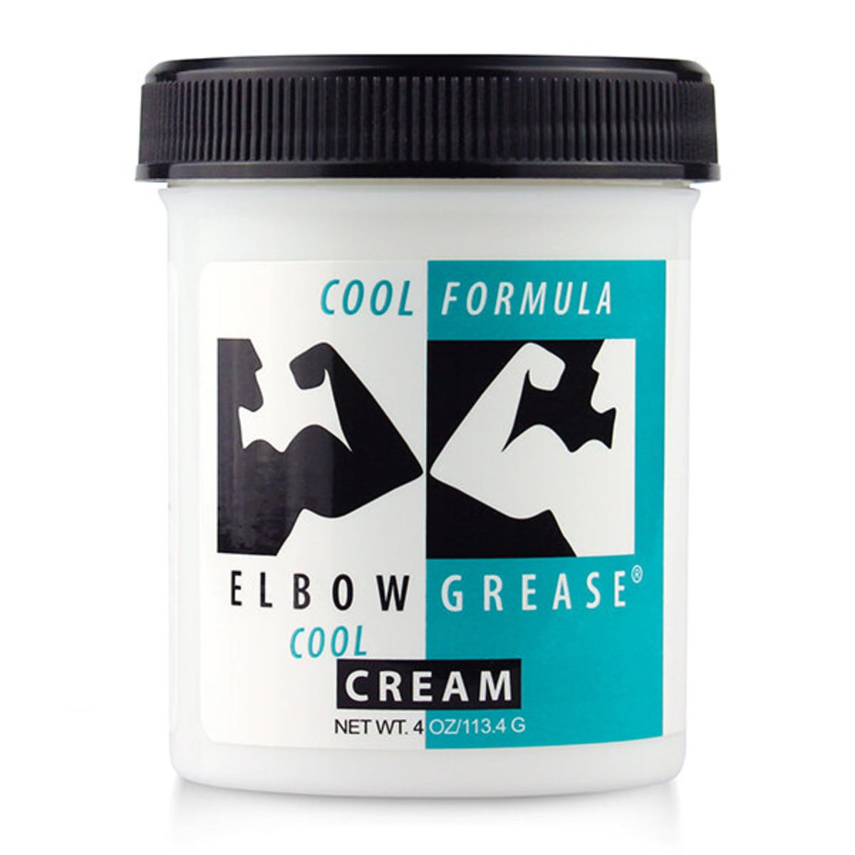 Elbow Grease cool massage cream bottle highlighting refreshing cooling sensation for tired muscles.