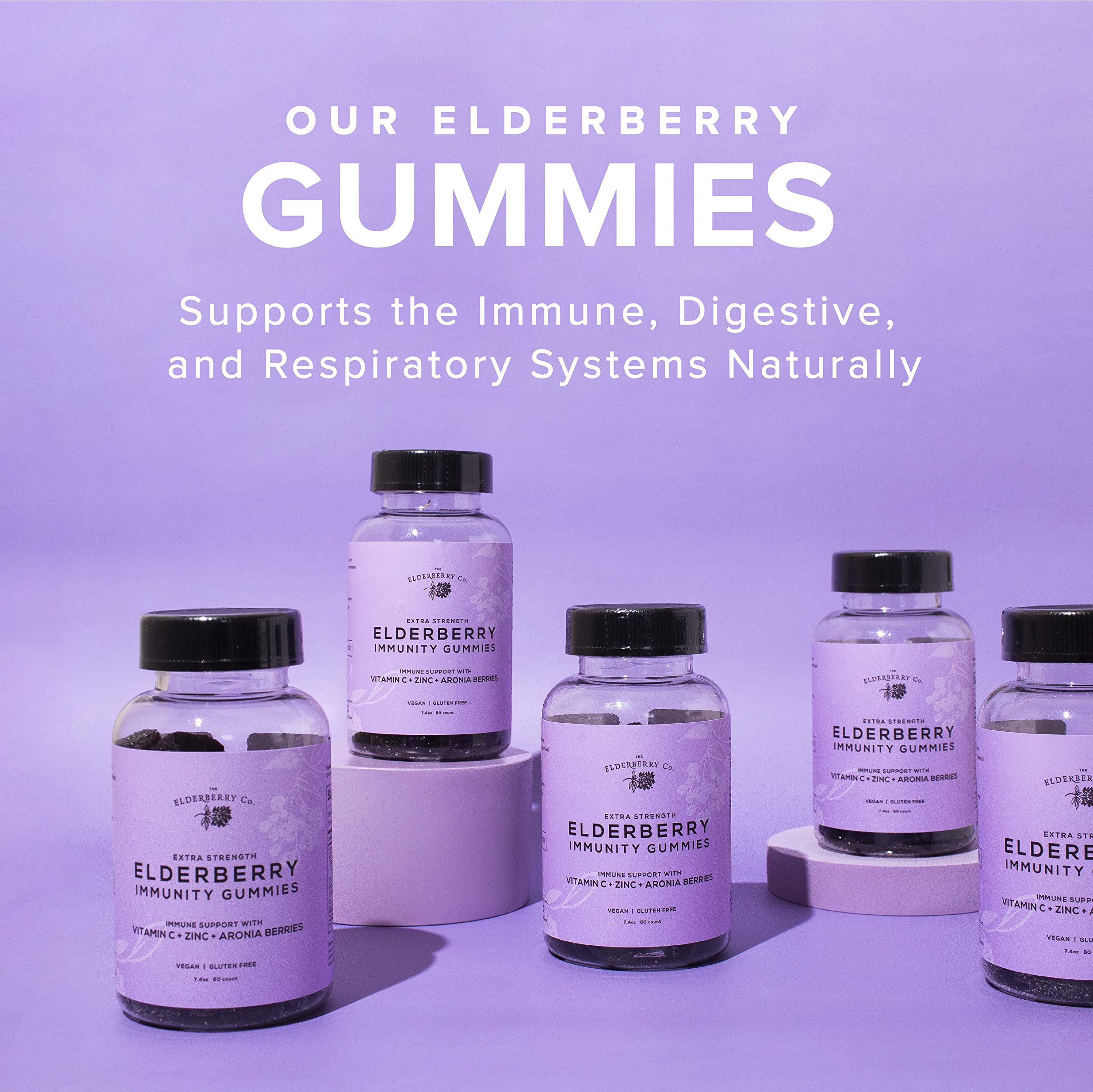 The Elderberry Co. gummies nutrition panel highlights zinc and vitamins C, D, E