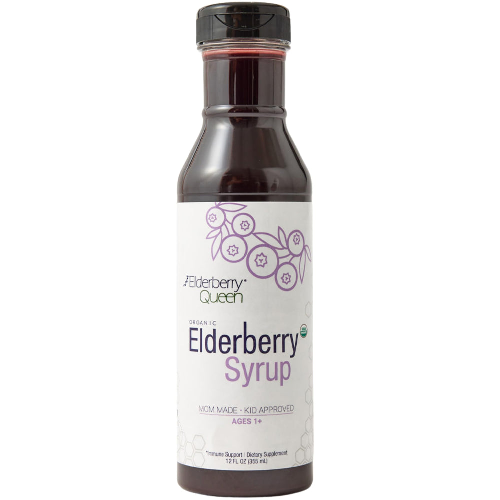 Elderberry Queen bottle-front with organic elderberry syrup for immune support.