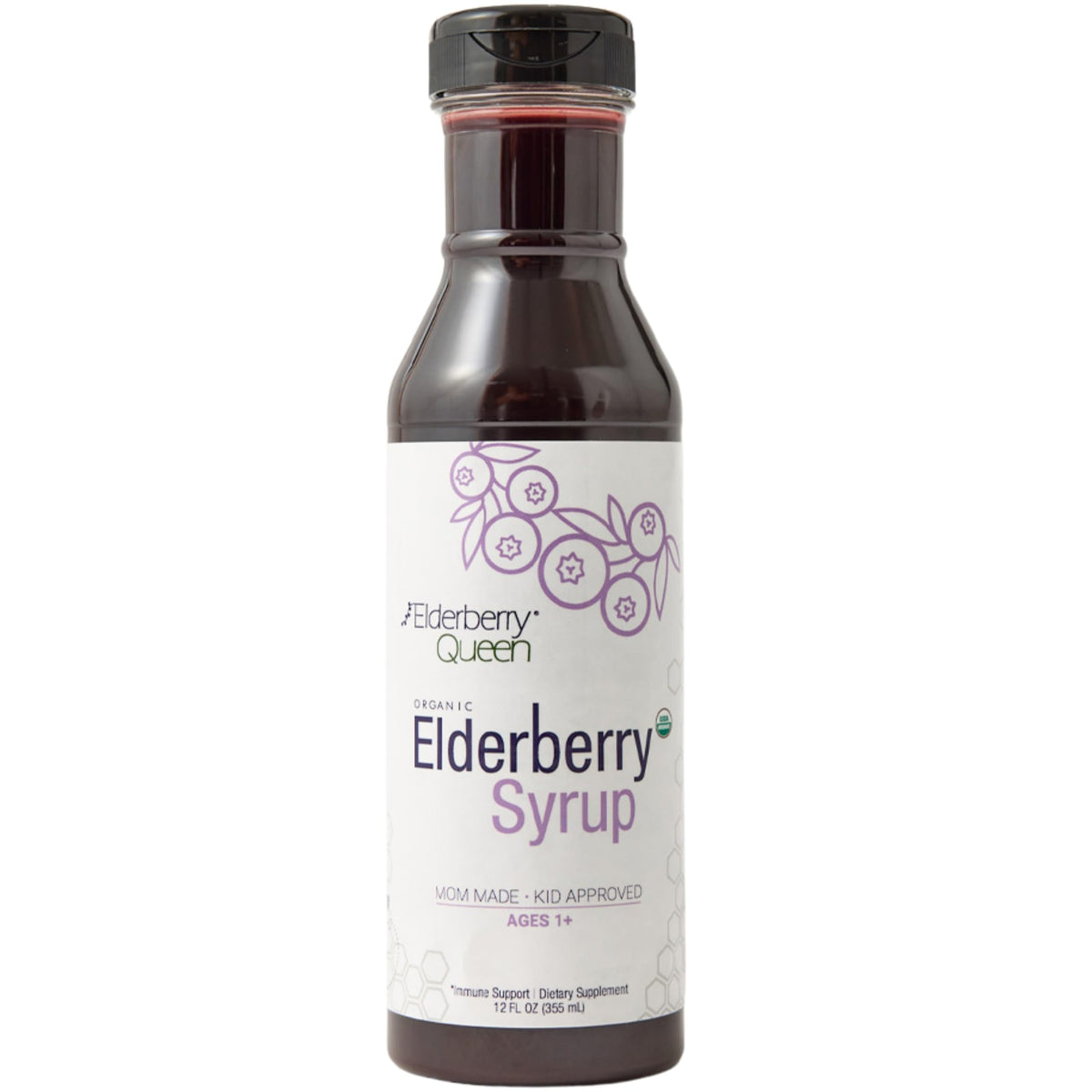 Elderberry Queen bottle-front with organic elderberry syrup for immune support.