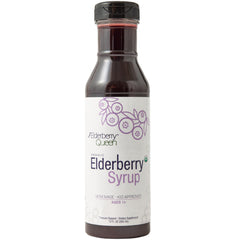 Elderberry Queen bottle-front with organic elderberry syrup for immune support.