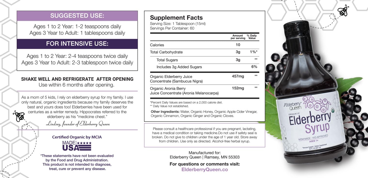 Elderberry Queen label close-up with USDA Organic certification.