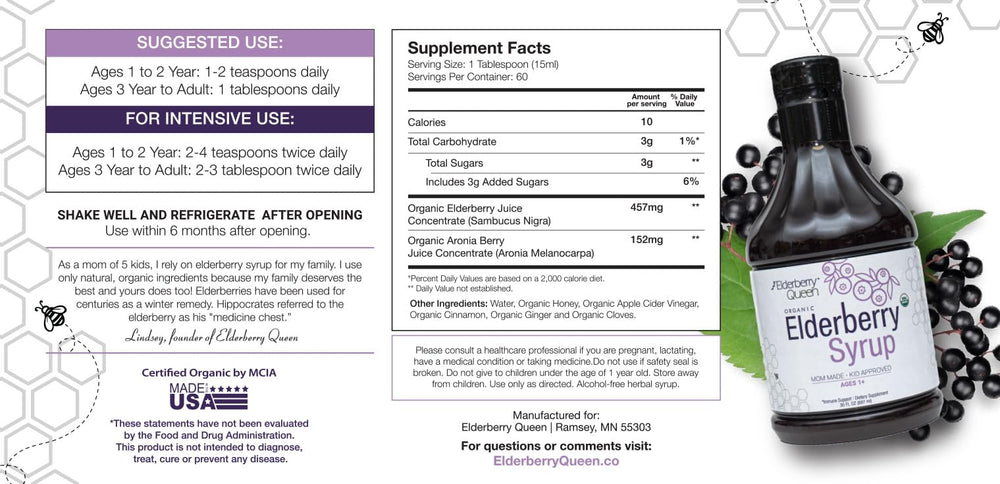 Elderberry Queen label close-up with USDA Organic certification.