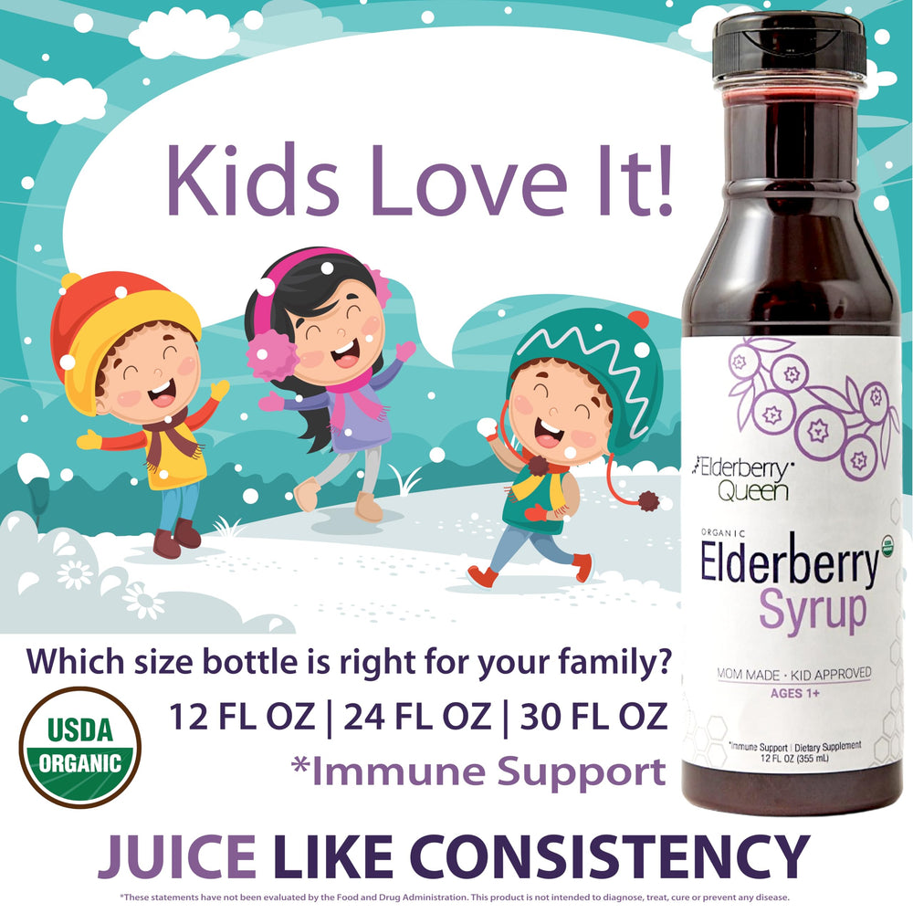 USDA Organic badge beside Elderberry Queen syrup label.