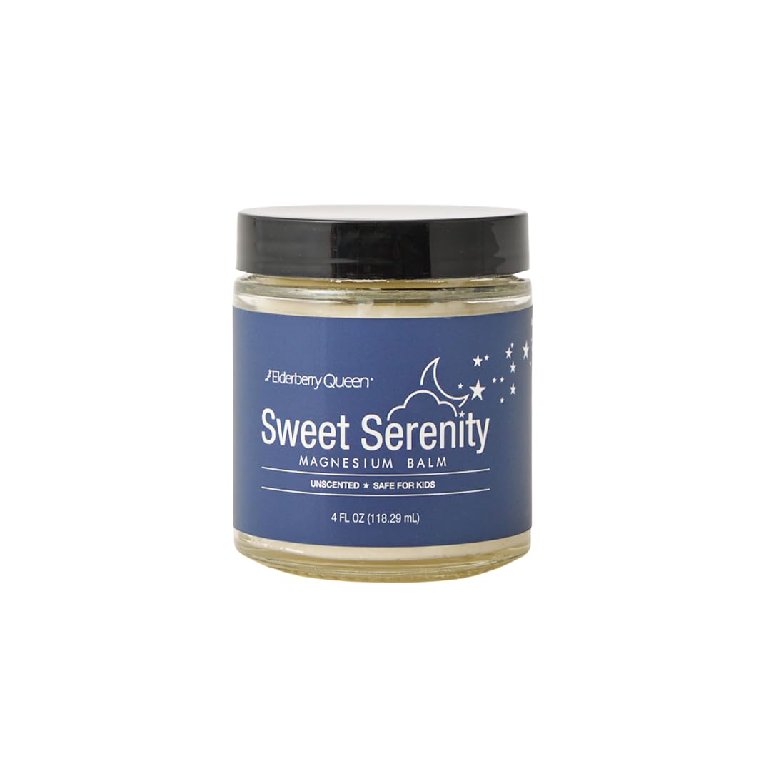 Elderberry Queen Sweet Serenity Balm jar close-up, unscented formula for relaxing evenings