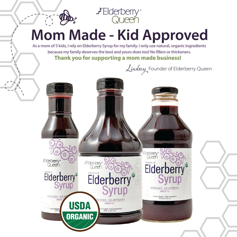 USA-made Elderberry Queen bottle on kitchen counter.