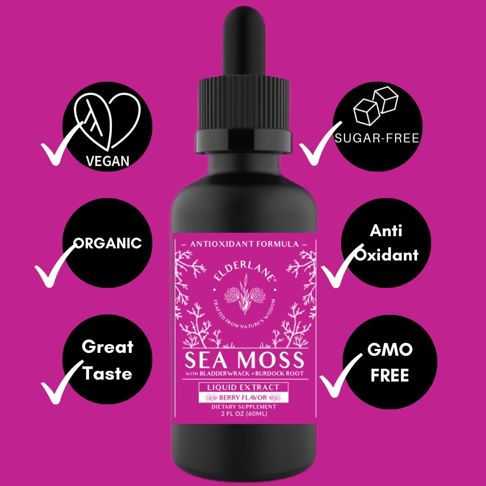 Elderlane Berry Flavored Sea Moss Drops bottle at an angle for on-the-go use.