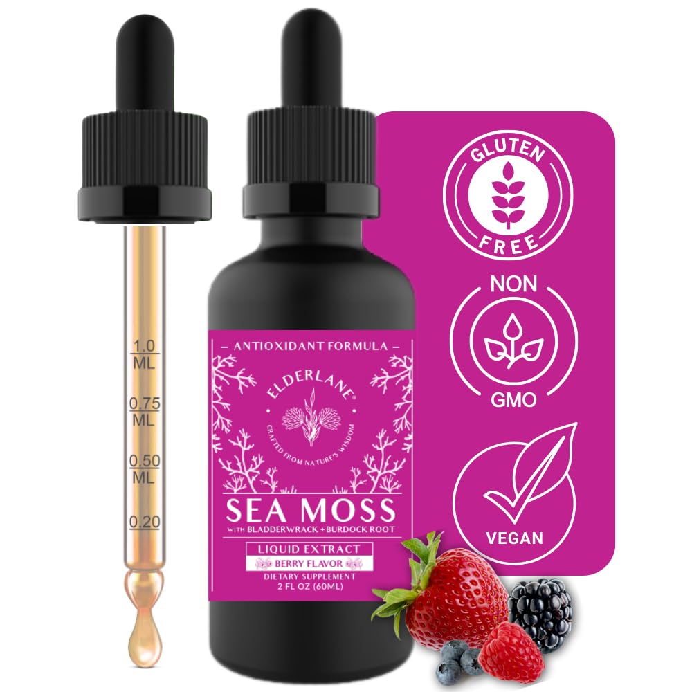 Elderlane Berry Flavored Sea Moss Drops product offers natural nutrients and antioxidant benefits.