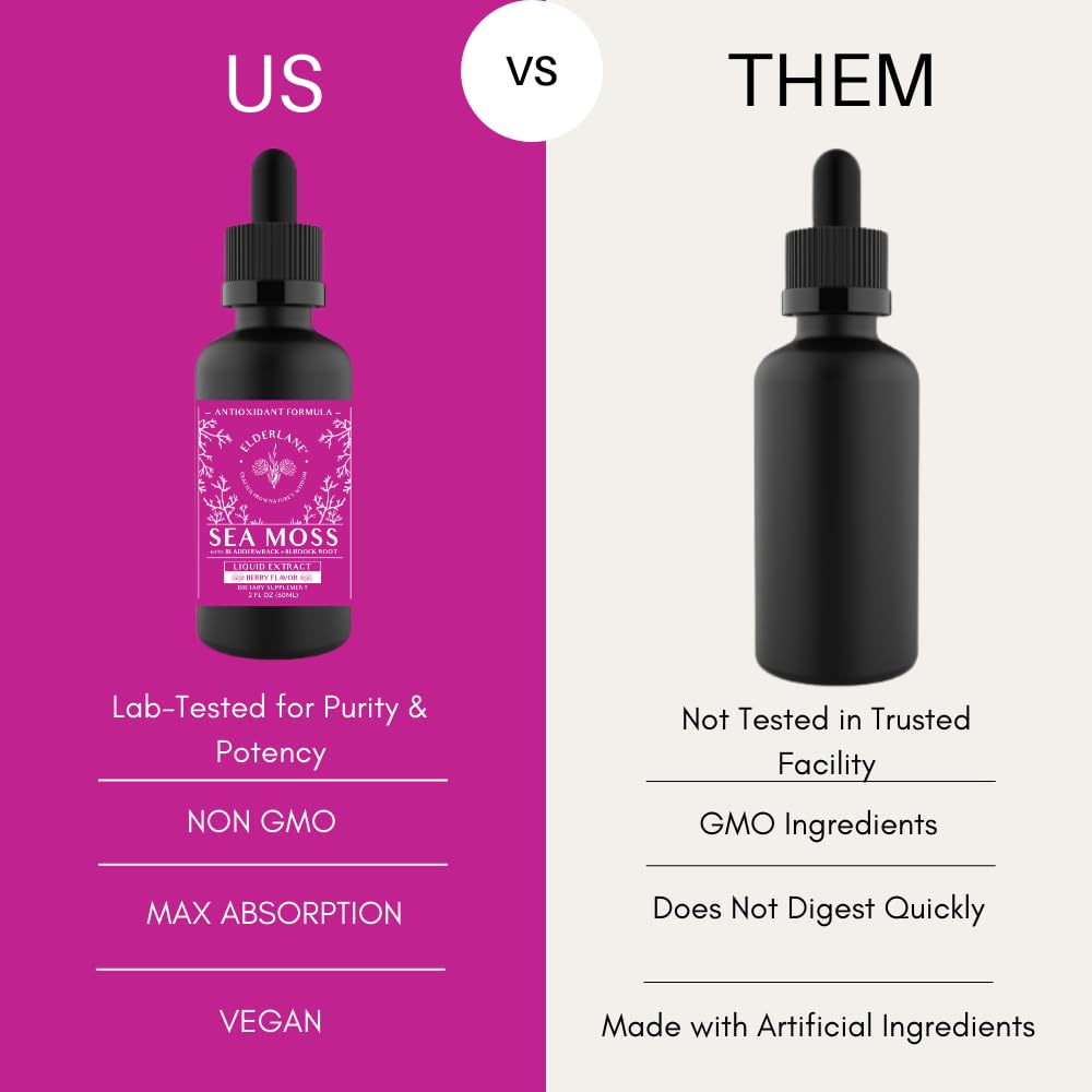 Elderlane Berry Flavored Sea Moss Drops label close-up shows ingredients and berry flavor.