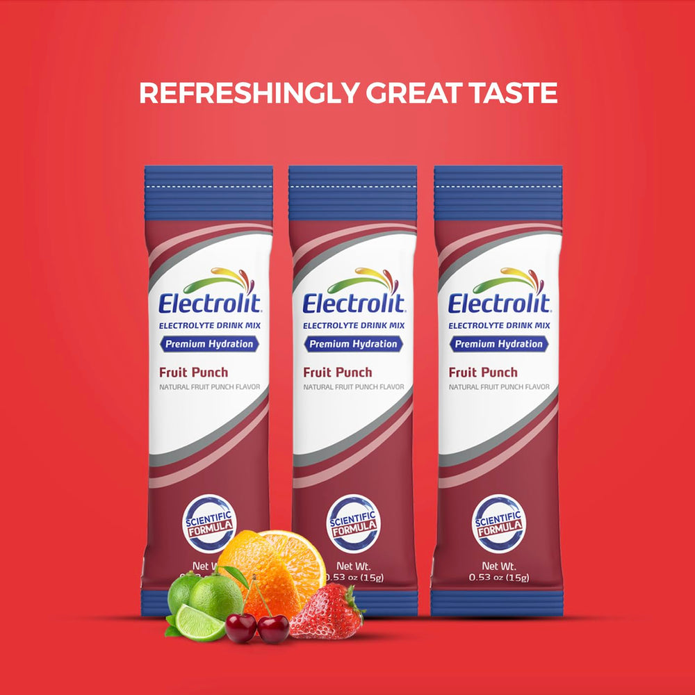 Electrolit Fruit Punch packaging close-up showing branding and label.