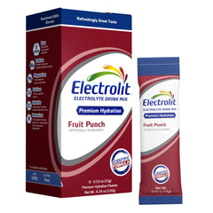 Electrolit Fruit Punch packets in packaging for on-the-go hydration.
