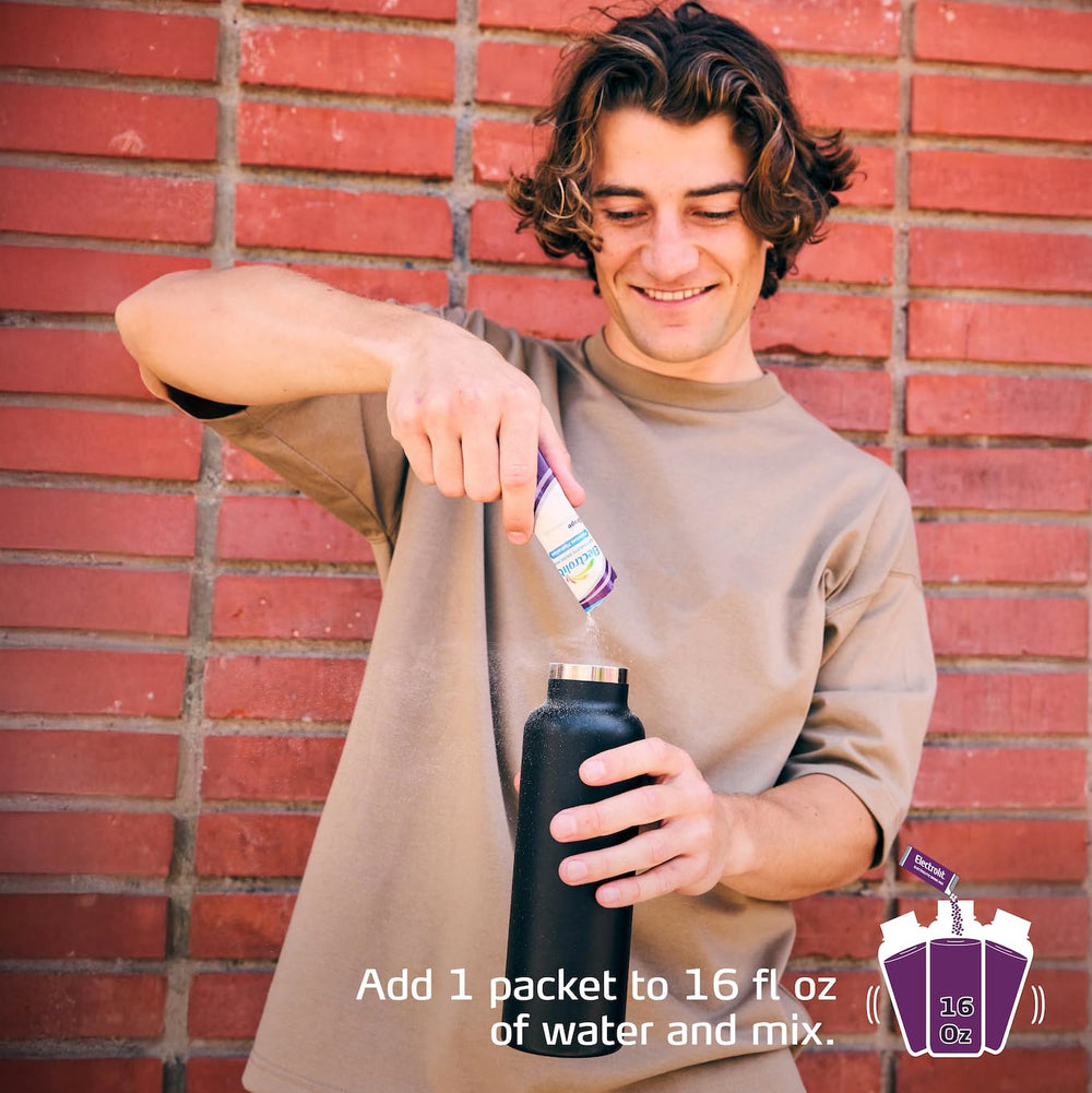 Electrolit Grapes portable packets fit gym bag or travel kit.