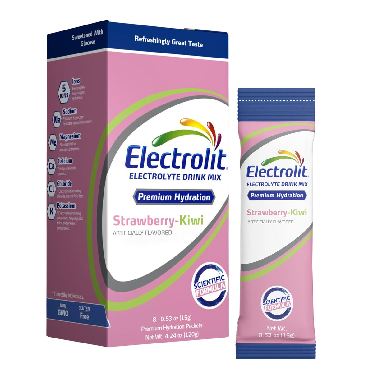 Electrolit strawberry kiwi packets for on-the-go hydration after workouts.