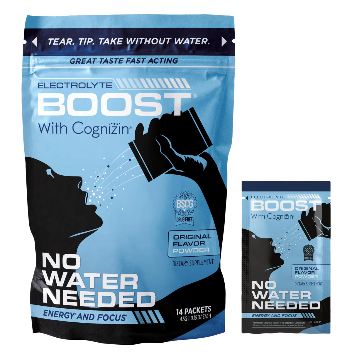 Electrolyte Boost packets melt on the tongue for quick hydration on the go