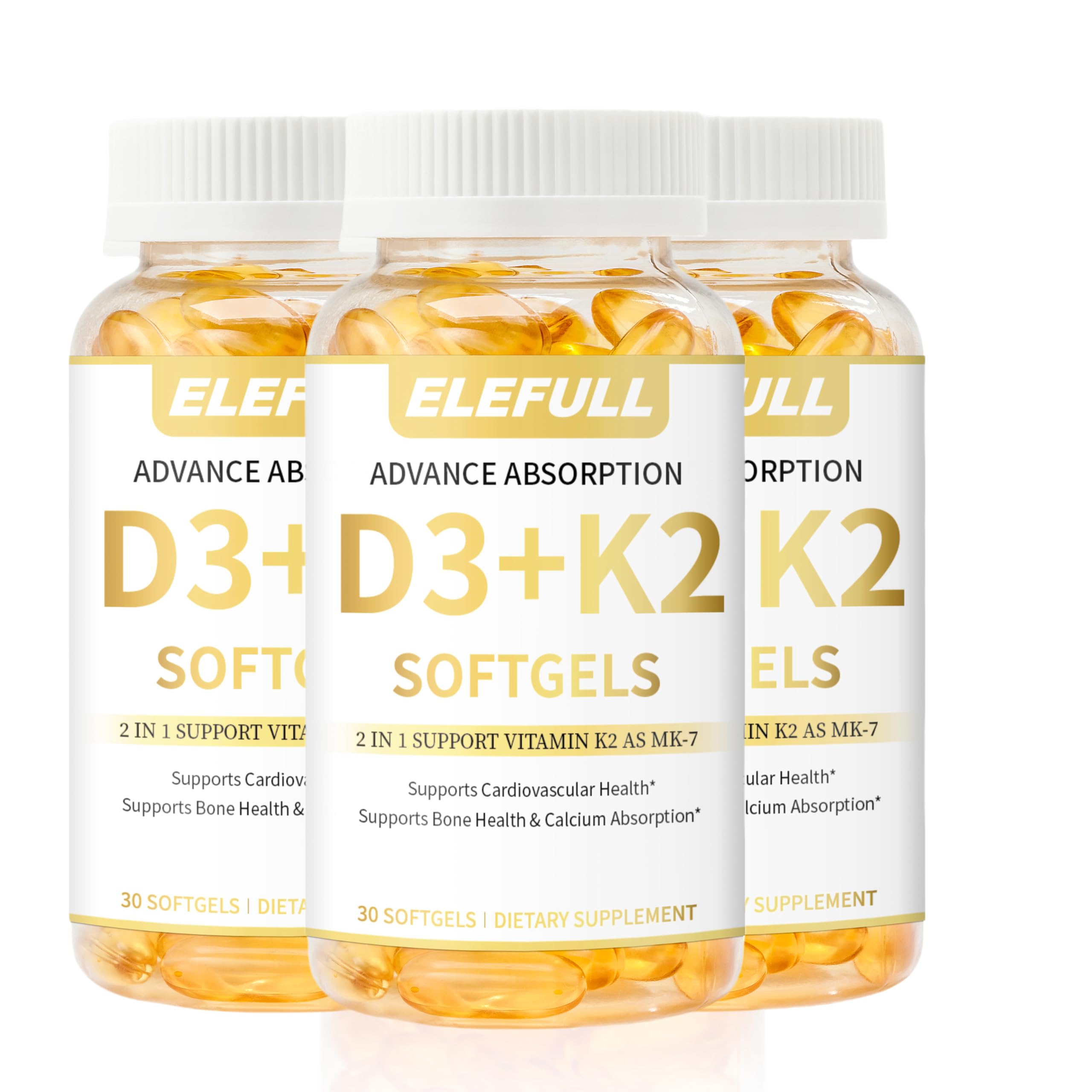 Elefull 3-pack bottle close-up highlighting vegan D3 and MK7 benefits