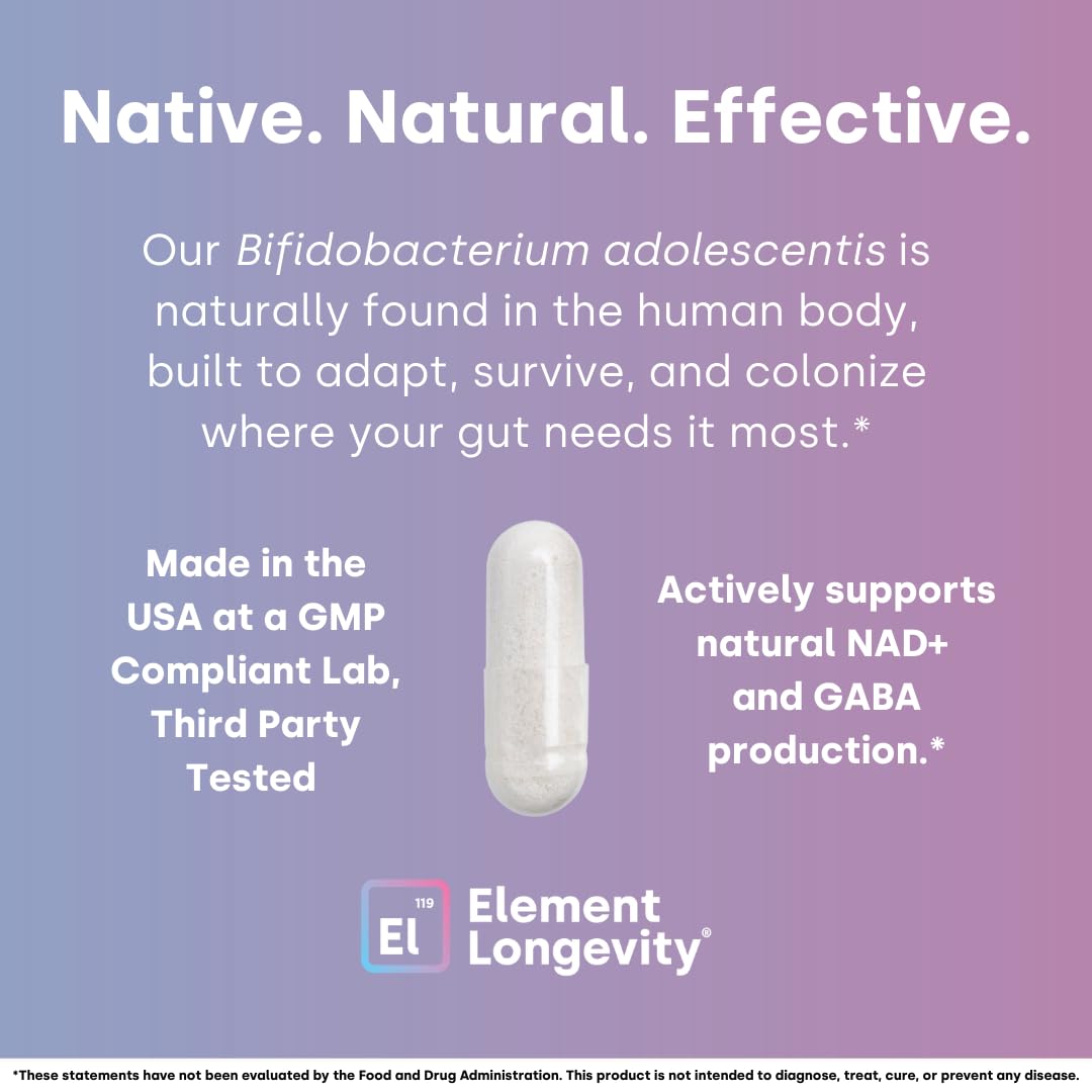 Element Longevity synbiotic ingredients graphic emphasizes prebiotics for microbiome support.