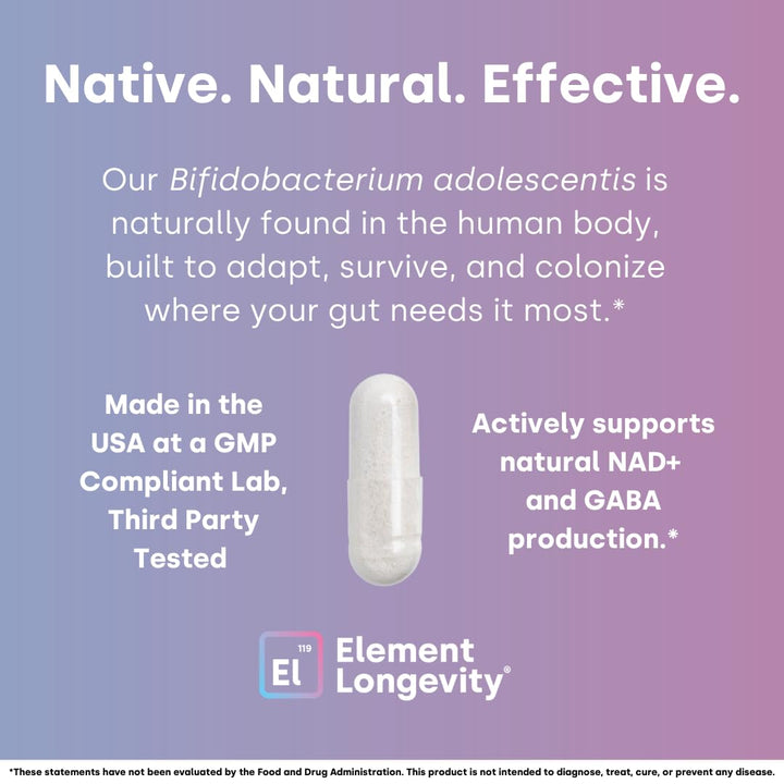 Element Longevity synbiotic ingredients graphic emphasizes prebiotics for microbiome support.