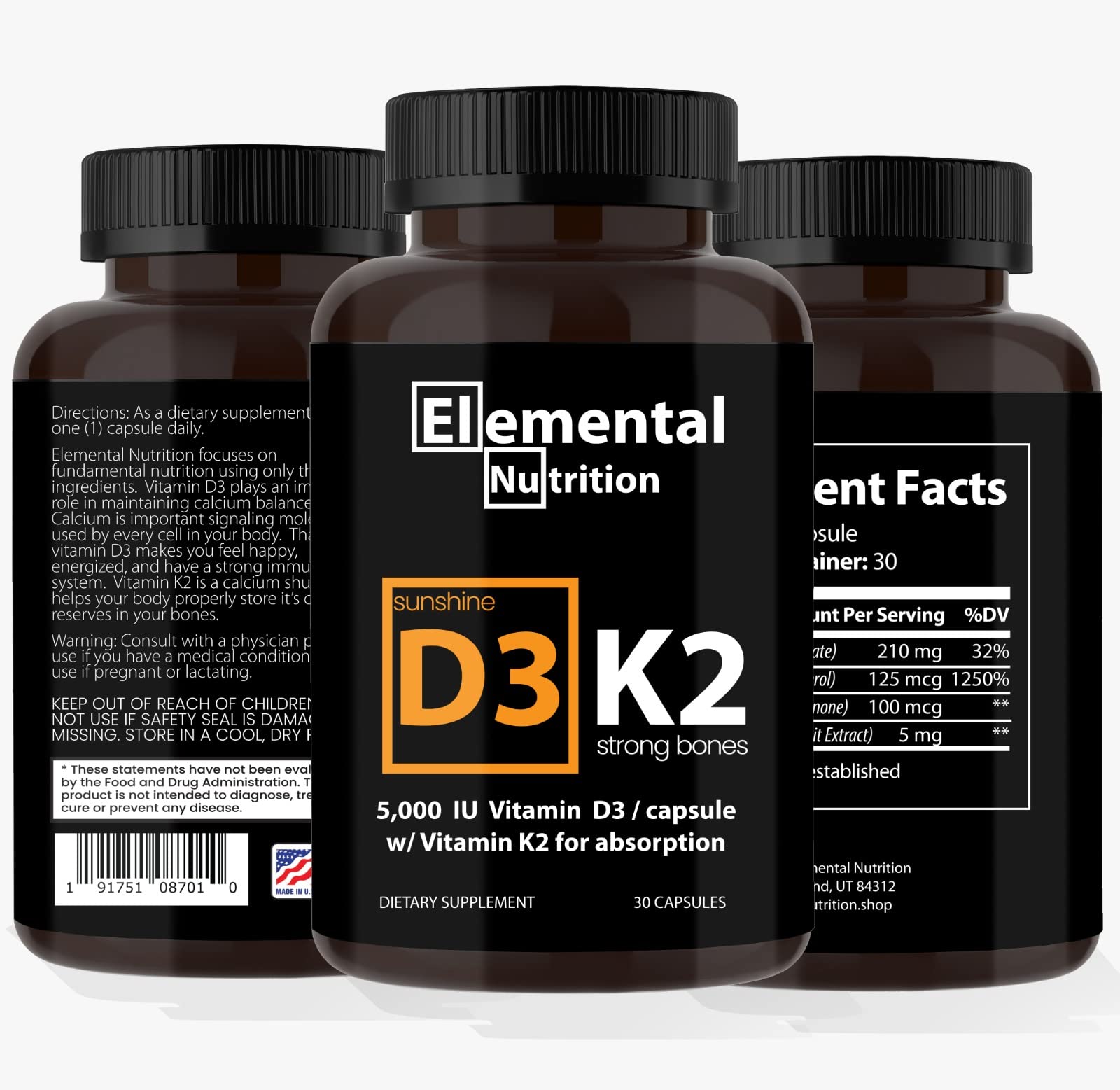Elemental Nutrition K2D3 capsules close-up highlighting quality for daily bone and heart support.