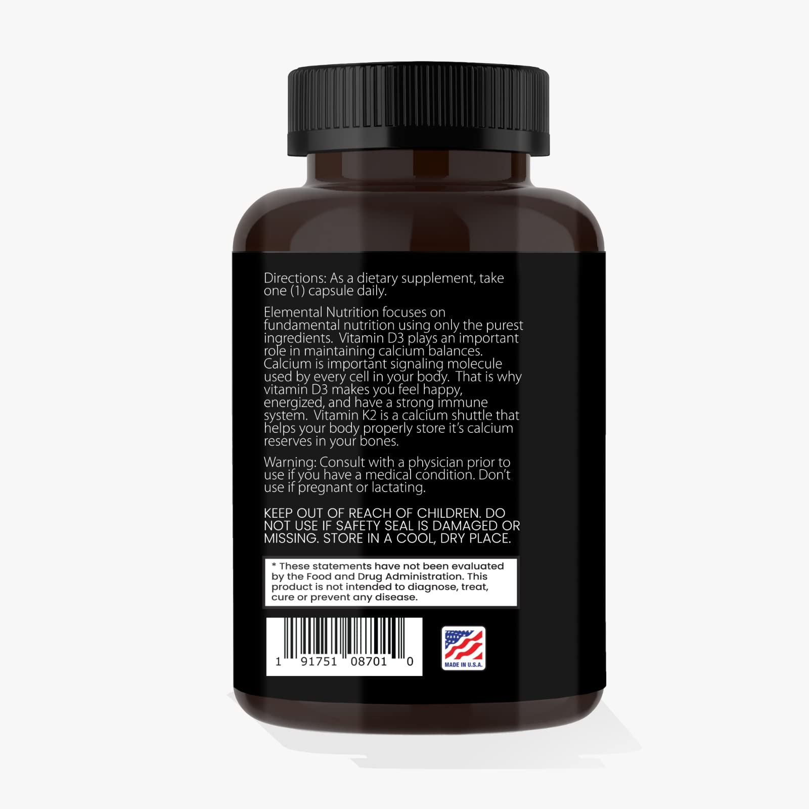 Elemental Nutrition K2D3 label confirms non-GMO and GMP standards.
