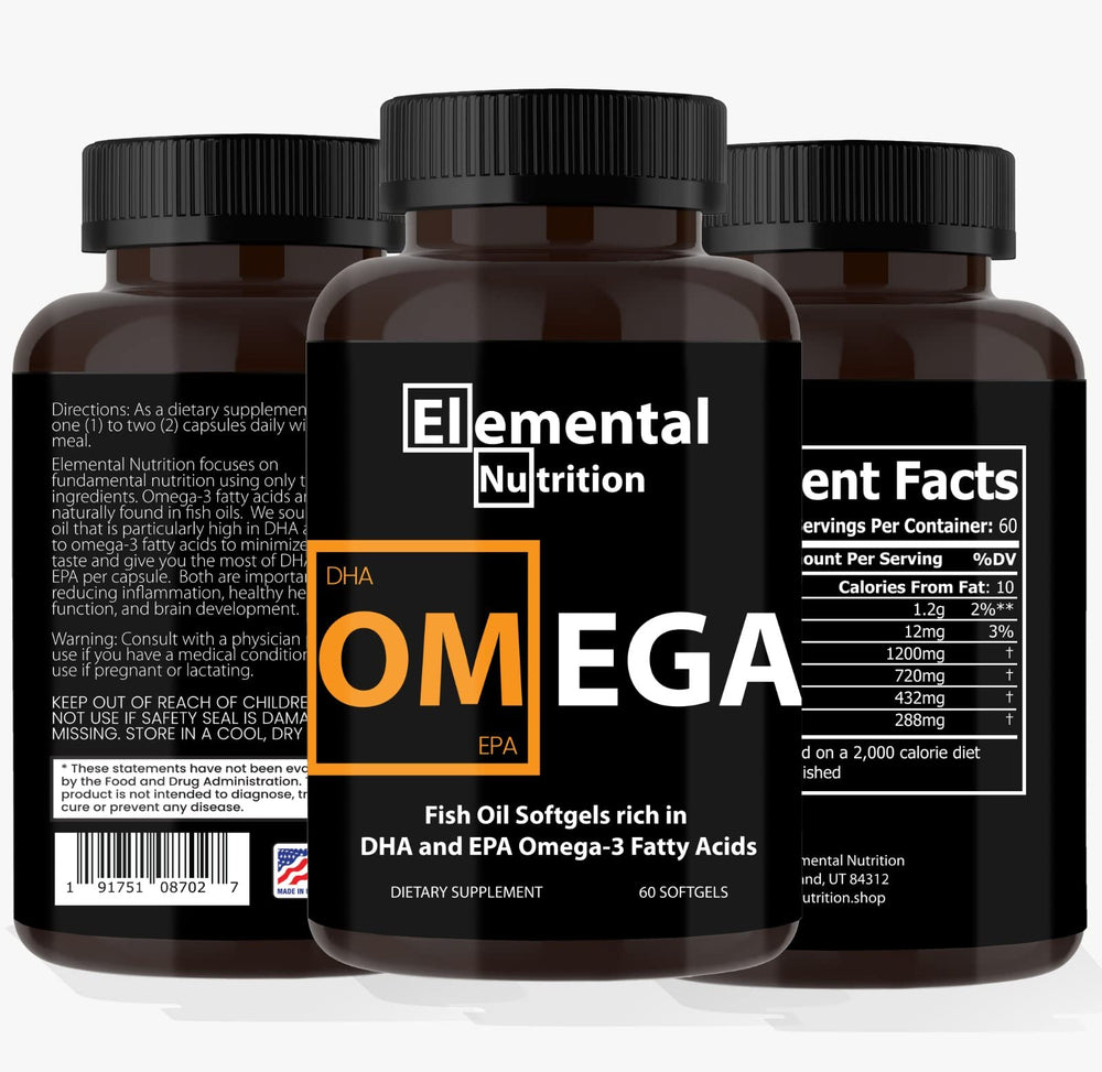 Close-up of Elemental Nutrition Omega-3 capsules highlighting EPA and DHA content.