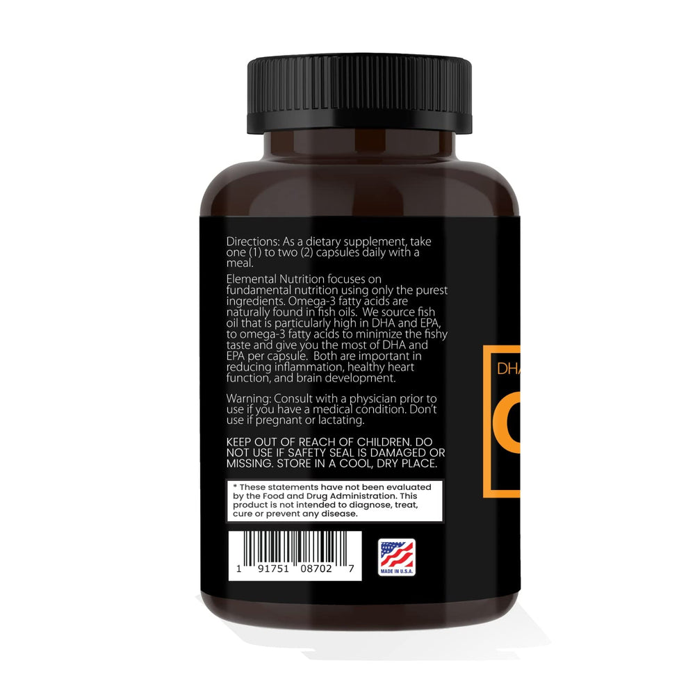 Elemental Nutrition Omega-3 label detail showing purity and U.S. facility standards.