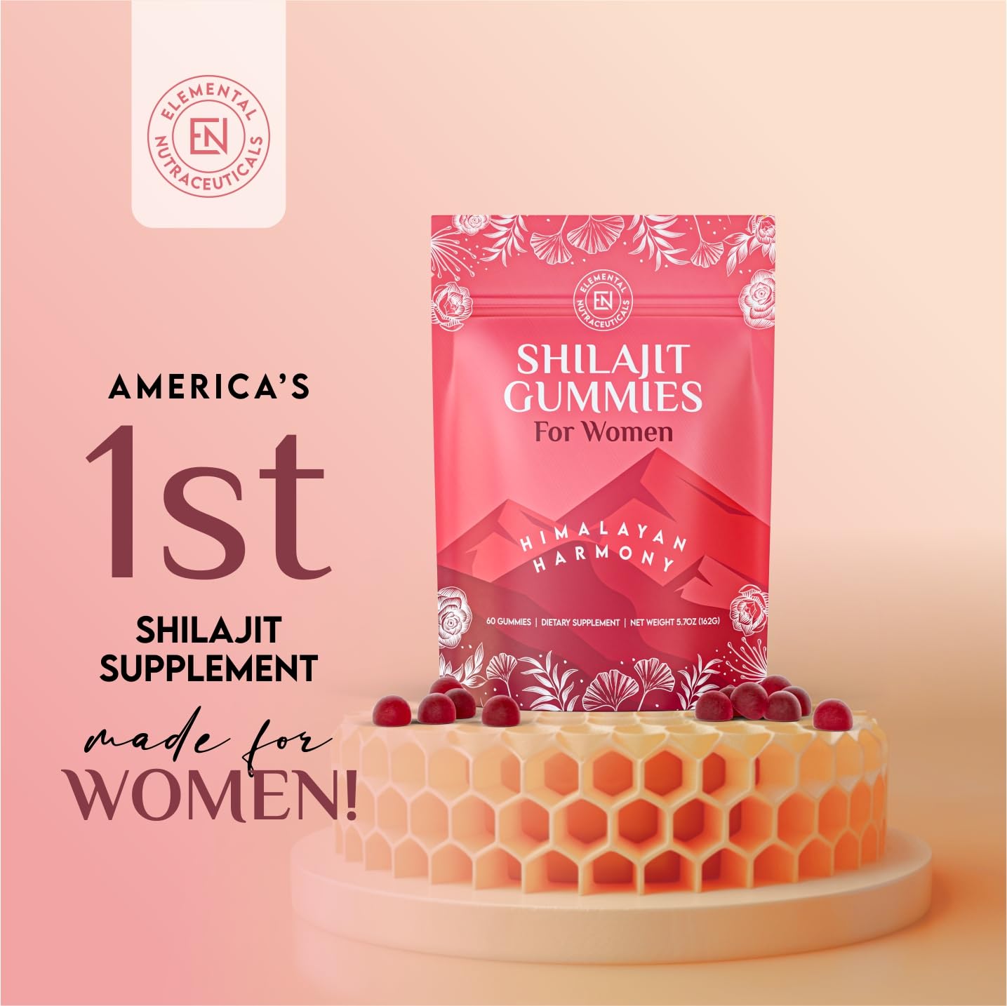 Close-up of Elemental Shilajit Gummies for Women with Manuka honey aroma.