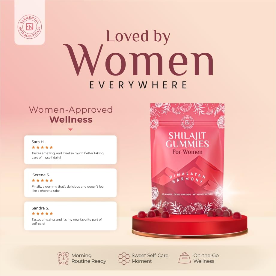 Elemental Shilajit Gummies for Women on a meal prep tray for daily routine.