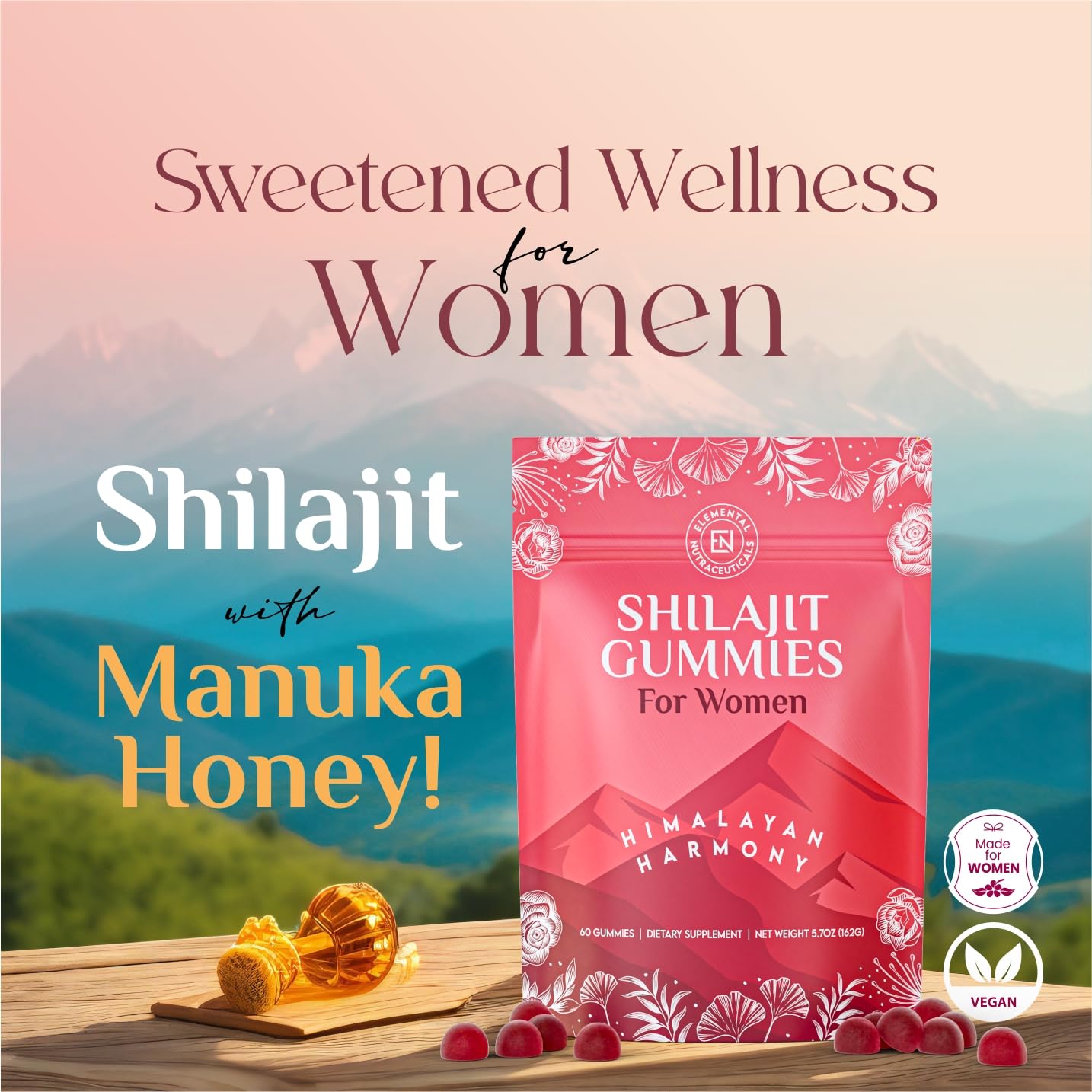 Packaging of Elemental Shilajit Gummies for Women highlighting vegan and all natural label.
