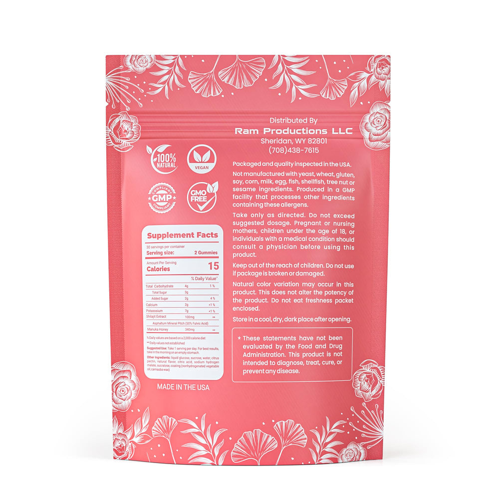 USA made badge beside Elemental Shilajit Gummies for Women and fresh ingredients.