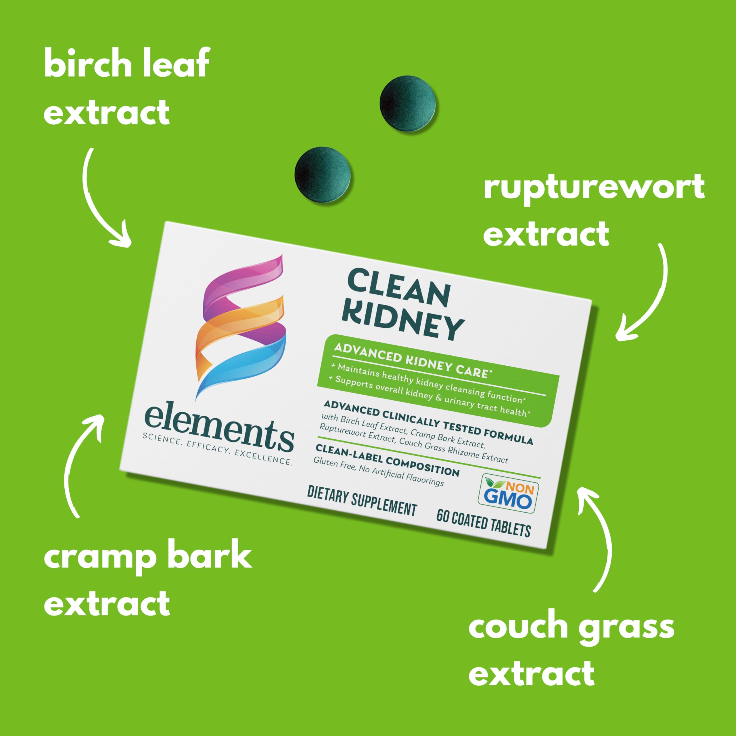 Elements Clean Kidney packaging front highlights gluten-free, 30-day supply.