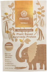 Elements Truffles vanilla protein powder bottle highlights plant-based protein for active days.