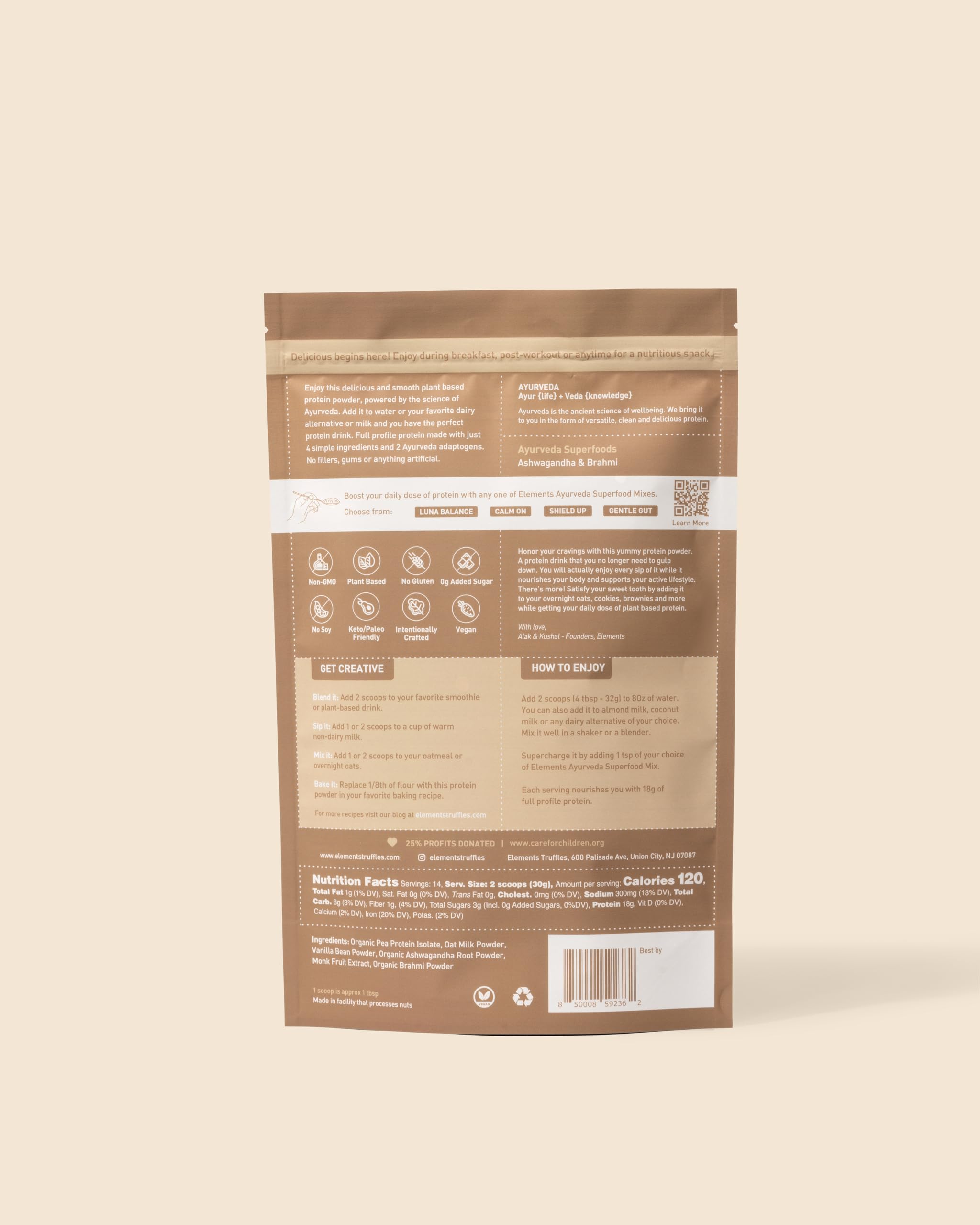 Elements Truffles vegan protein scoop emphasizes 18 g protein per serving for workouts.