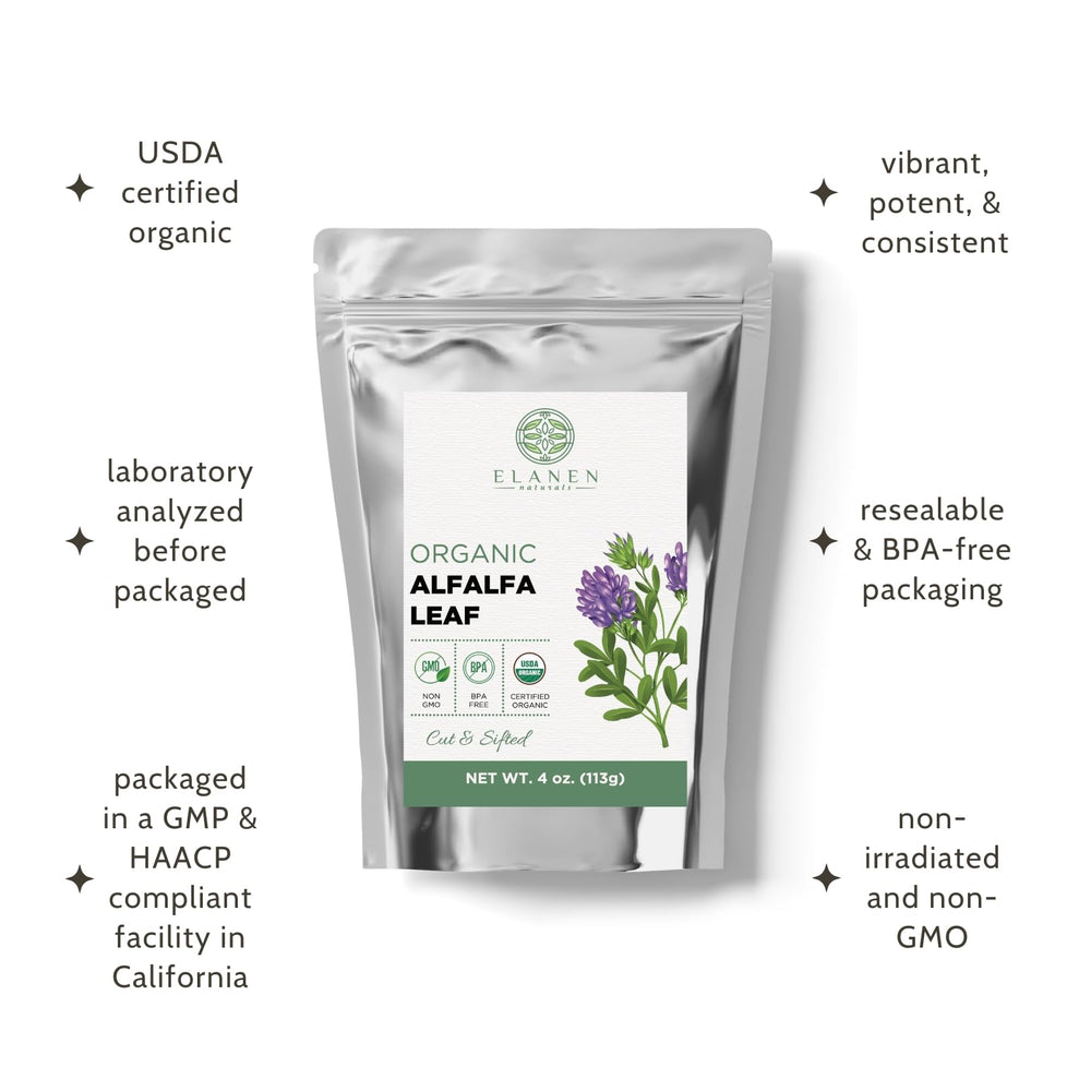 Egypt-origin alfalfa leaves used in Elanen Naturals tea blend.