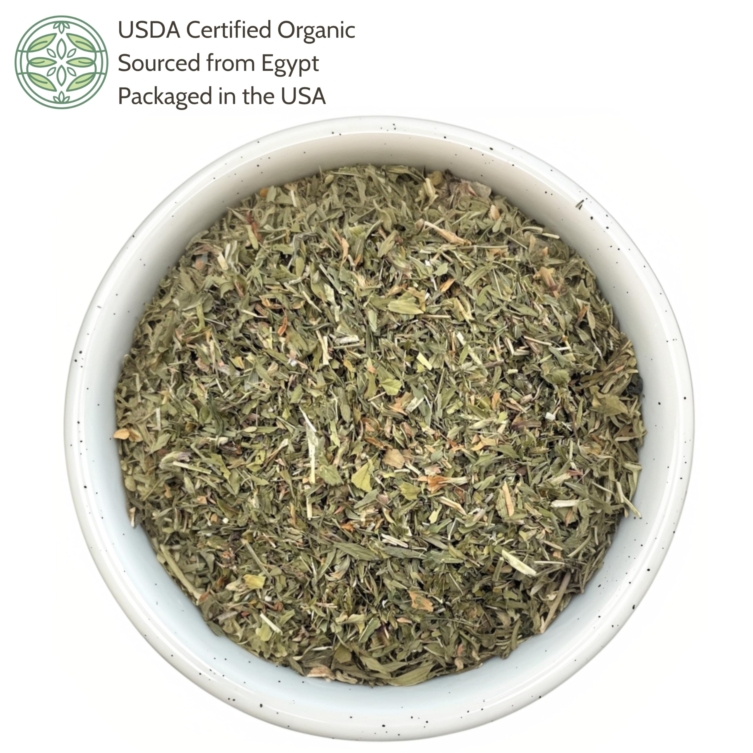 Loose leaves of Elanen Naturals alfalfa leaf tea showing cut and sifted texture.