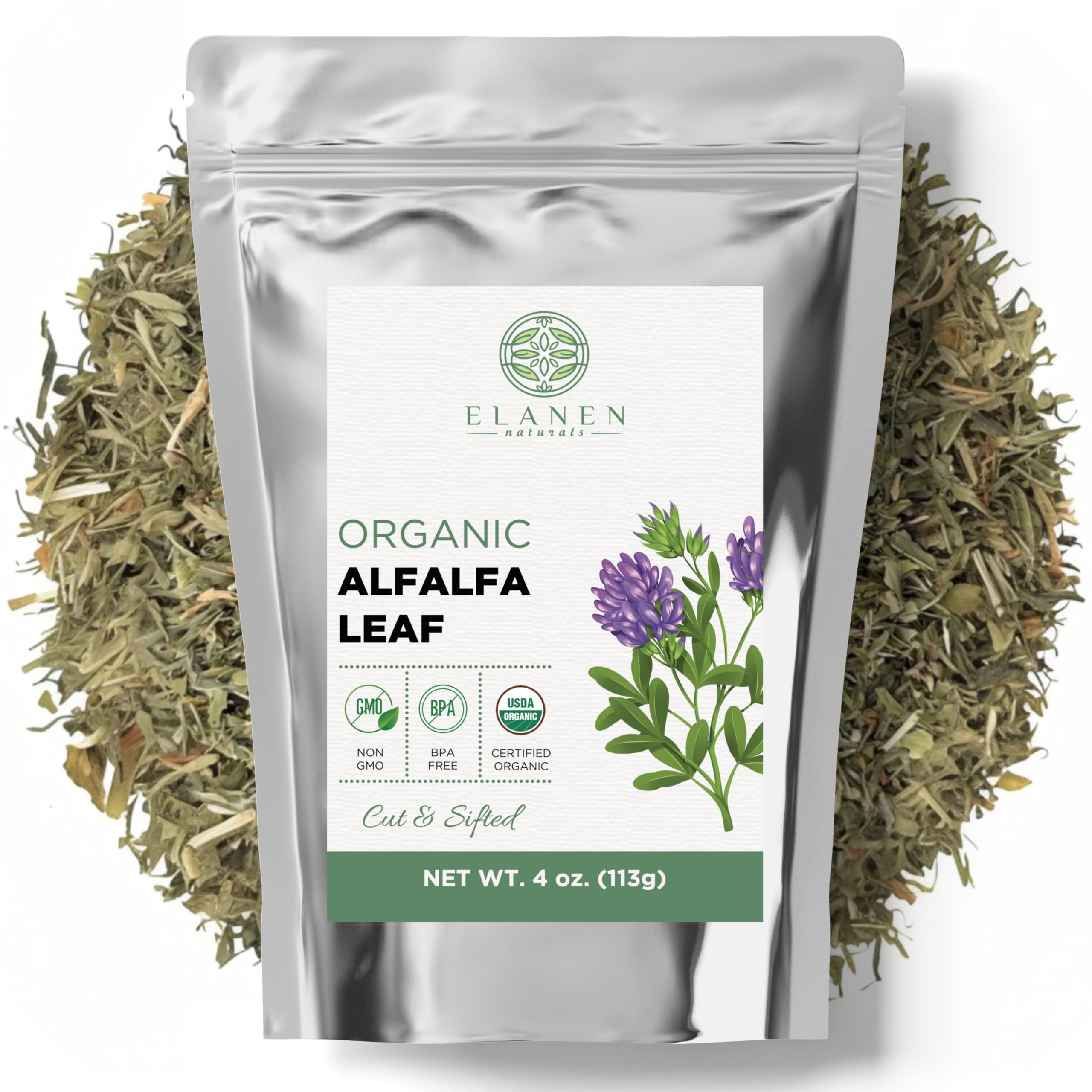 Elanen Naturals alfalfa leaf tea packaging with resealable BPA-free lid.