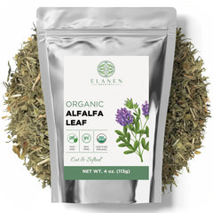 Elanen Naturals alfalfa leaf tea packaging with resealable BPA-free lid.