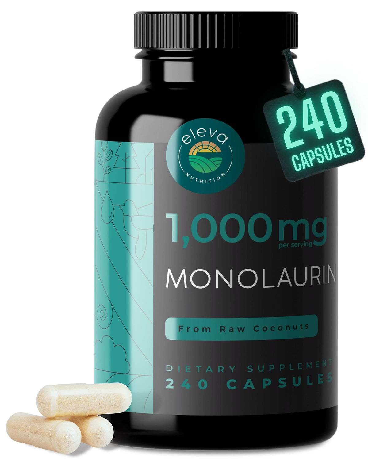Eleva Nutrition Monolaurin bottle front view, vegan, non-GMO supplement for everyday use.