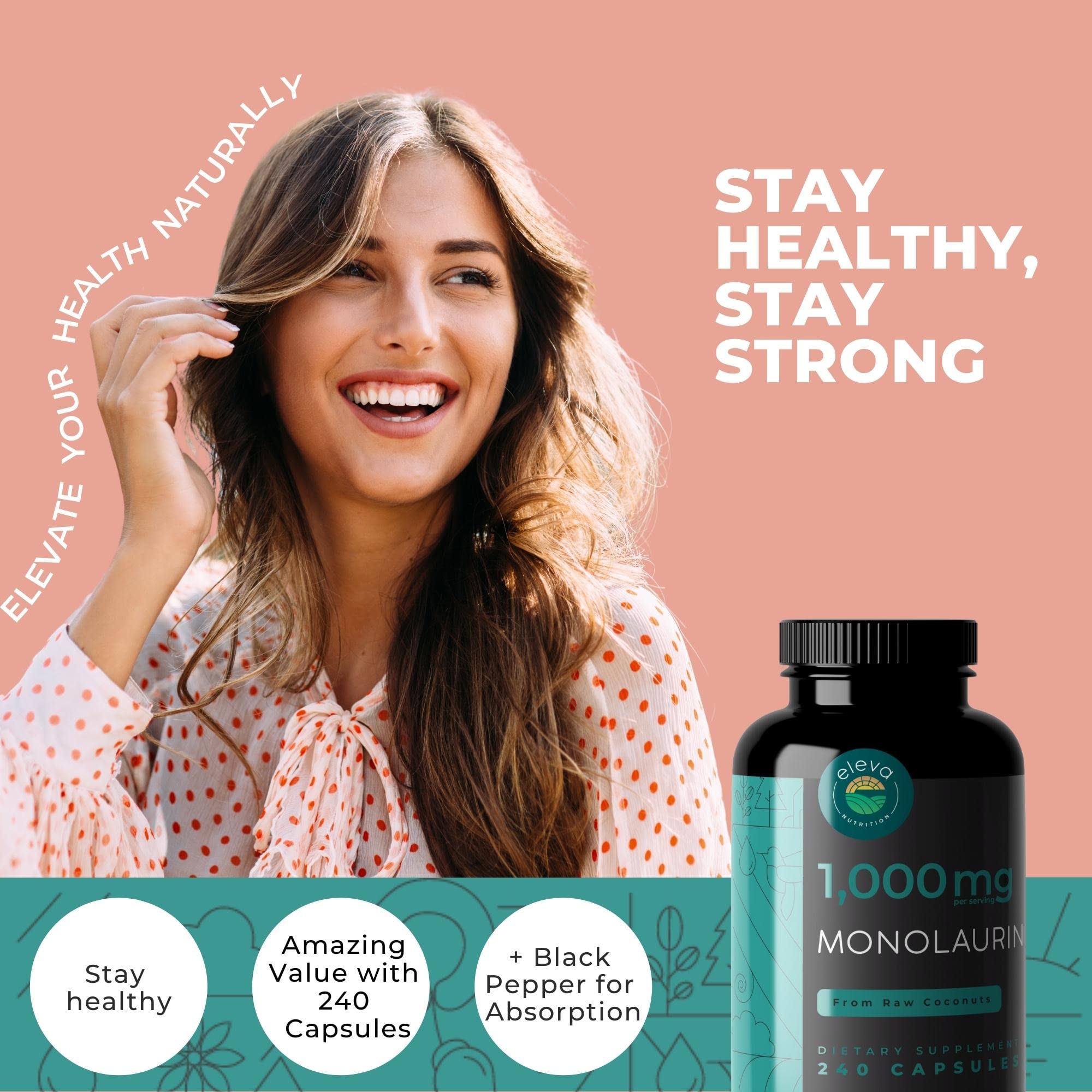 Close-up of Eleva Monolaurin capsules, coconut-derived monolaurin in vegan capsules.