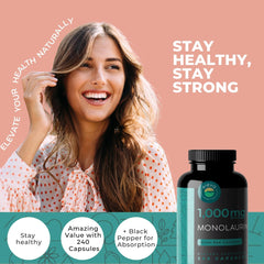 Close-up of Eleva Monolaurin capsules, coconut-derived monolaurin in vegan capsules.