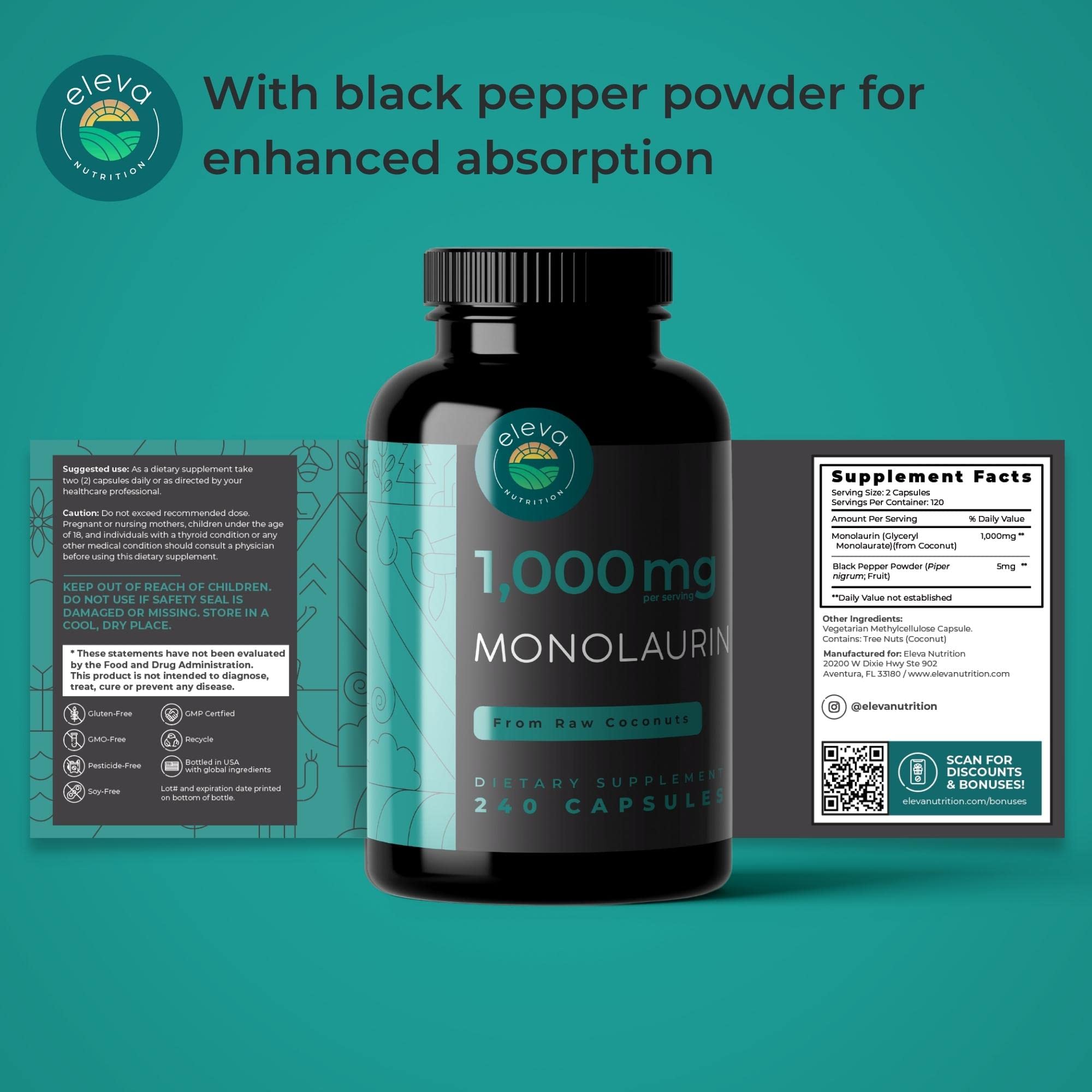 Ingredients panel on Eleva Monolaurin bottle showing coconut-based formula.
