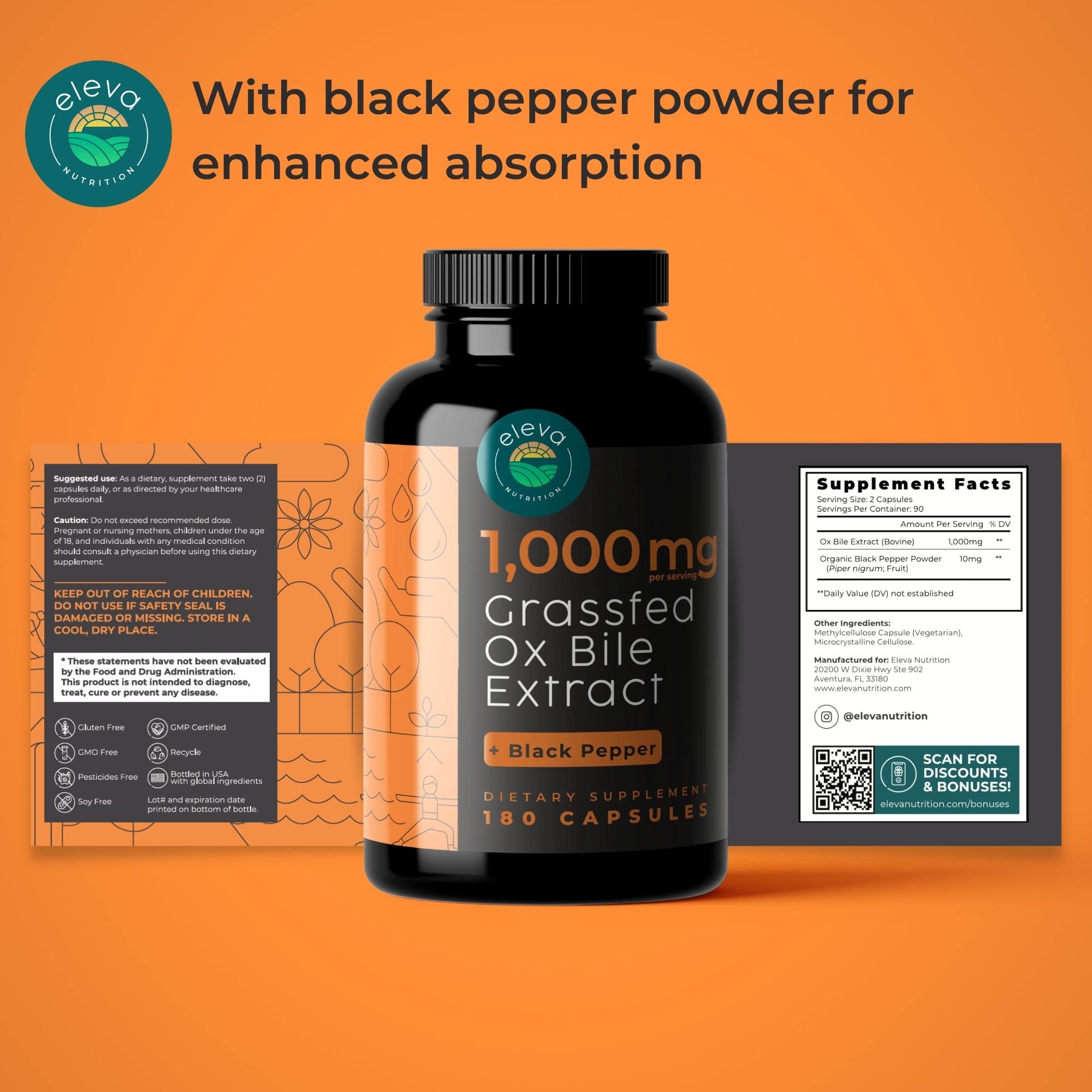 Gluten-free and soy-free icons on Eleva Nutrition packaging.