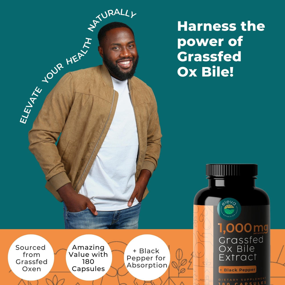 Close-up of Eleva Nutrition ox bile capsules for easy swallowing.