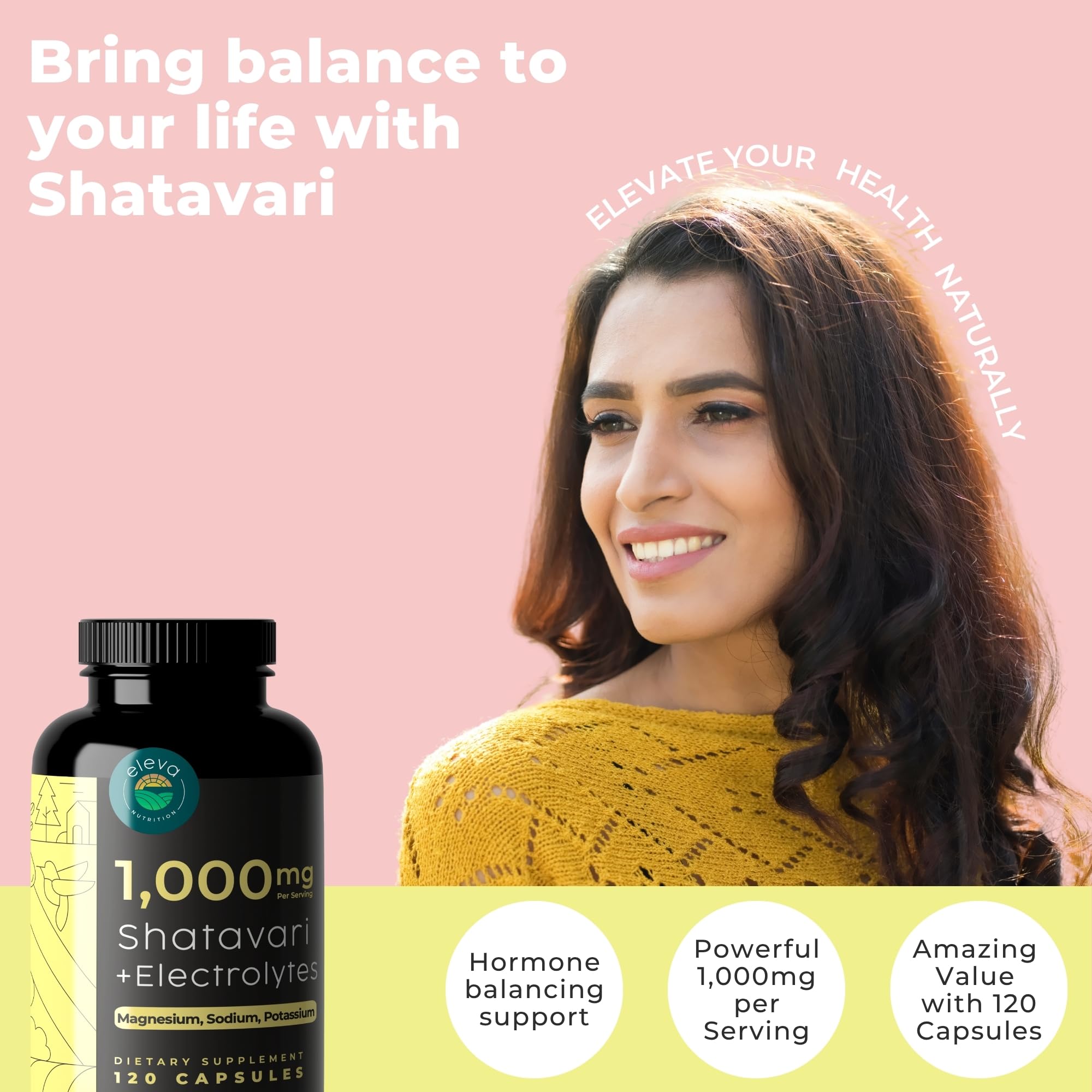 Shatavari capsules close-up showing 1000 mg organic root per serving.