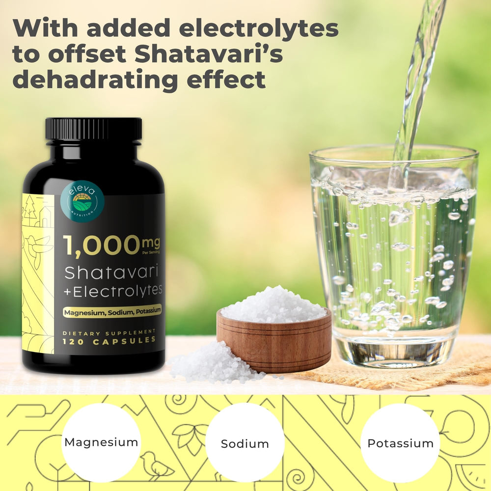 Shatavari electrolyte bottle packaging emphasizing electrolytes for hydration.