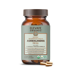 ELEVATE ORGANIC Ashwagandha capsules bottle promotes balance and energy.