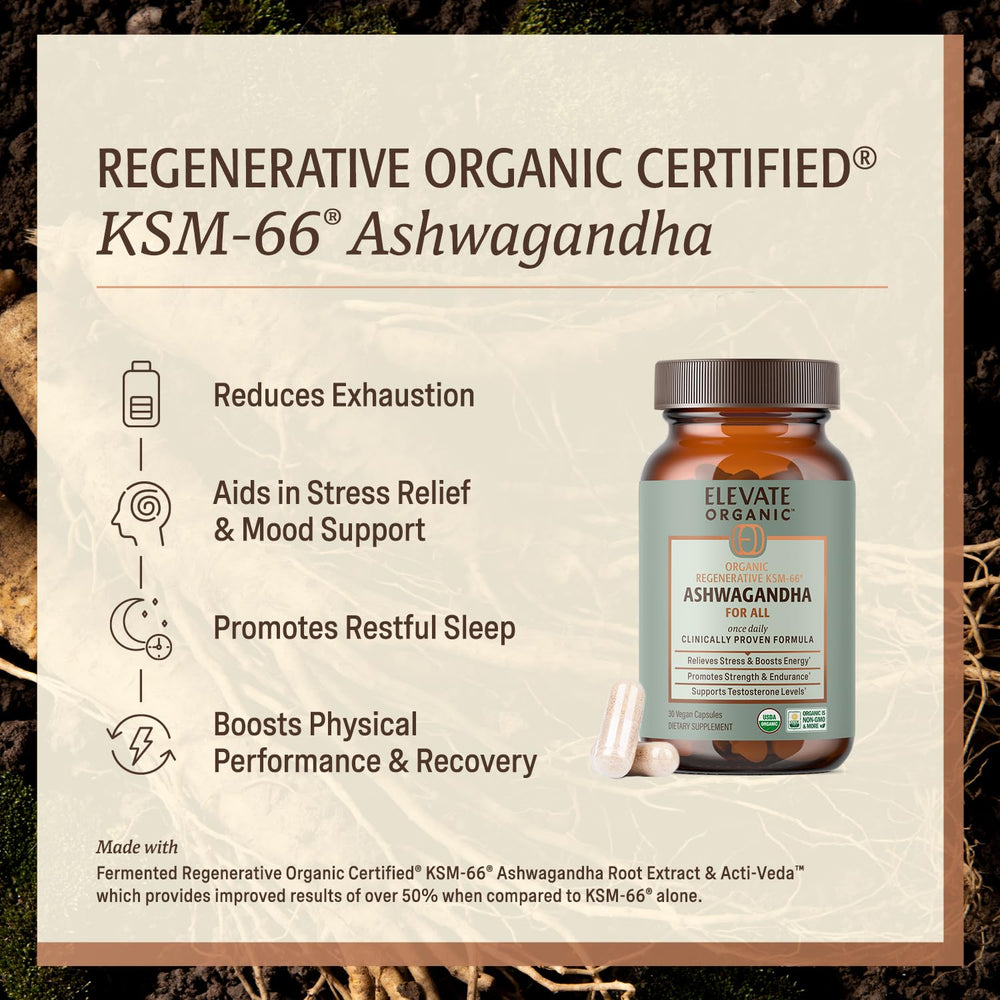 ELEVATE ORGANIC Ashwagandha ingredients panel featuring Acti Veda.