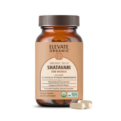 Elevate Organic SRI-81 Shatavari capsules bottle for women's wellness support.